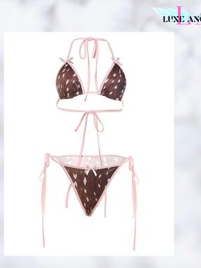 Pink Trim Brown Pattern Triangle Bikini